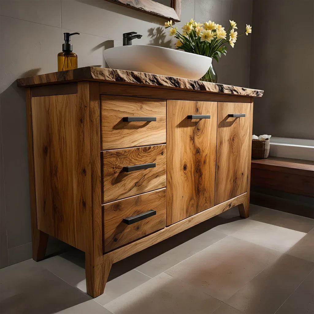 Natural Solid Wood Bathroom Vanity – Rustic Natural Edge Style - Rustirawood