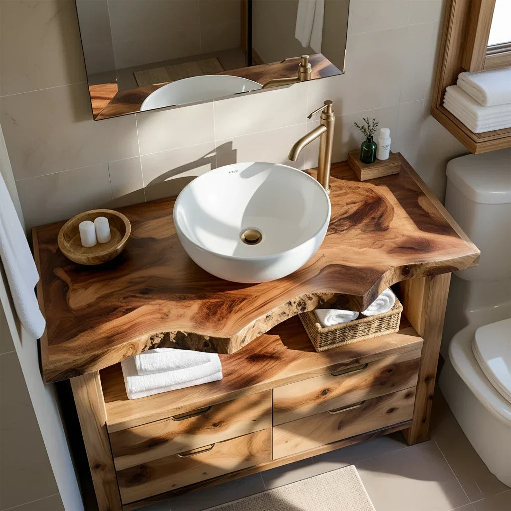 Natural Solid Wood Bathroom Vanity – Wabi-Sabi Live Edge Style - Rustirawood