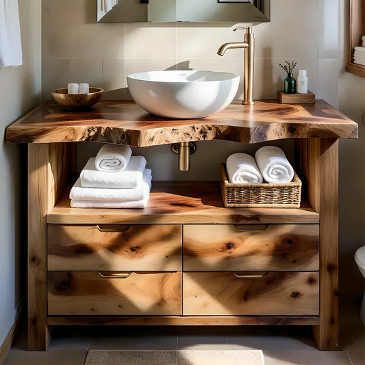 Natural Solid Wood Bathroom Vanity – Wabi-Sabi Live Edge Style - Woodenecho