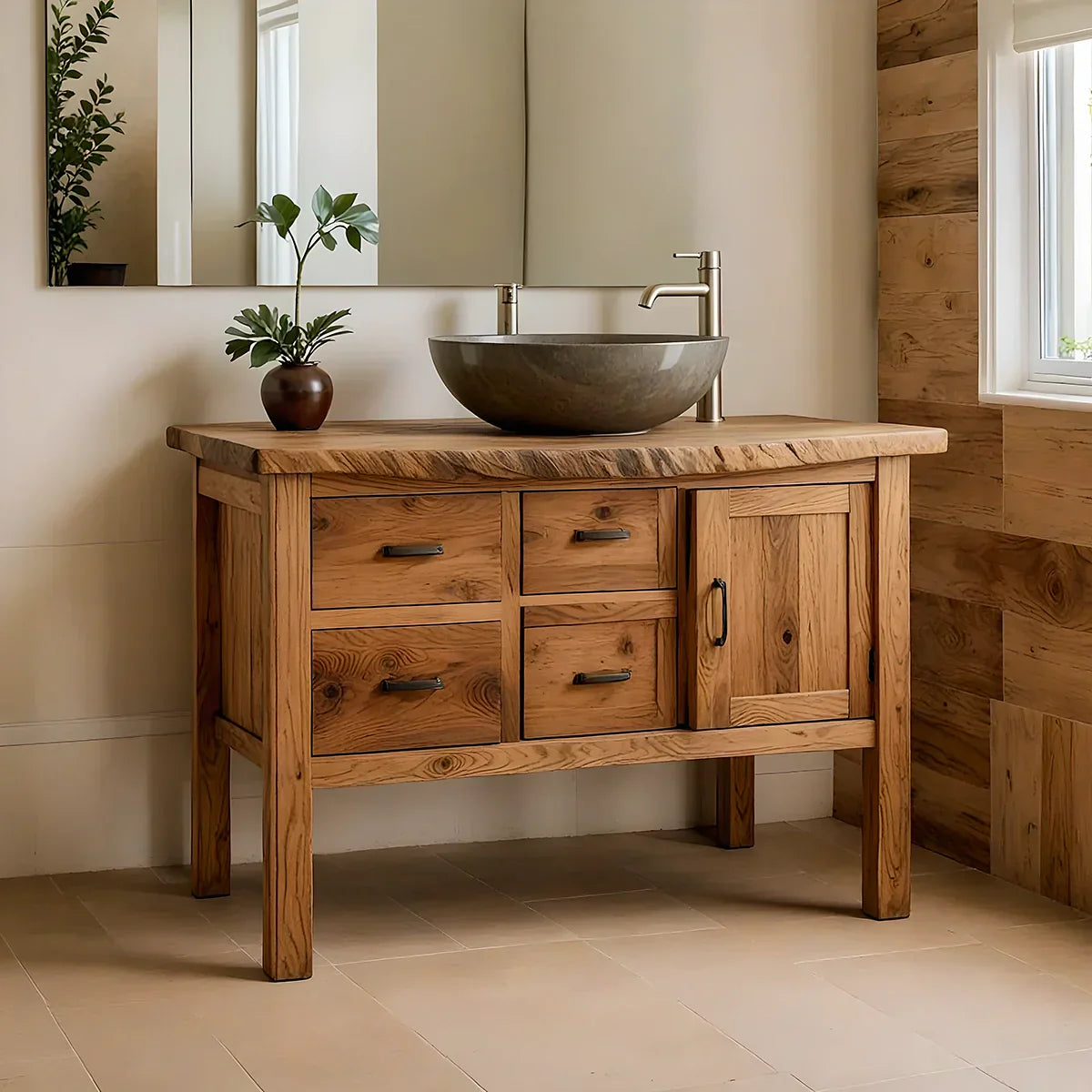 Natural Solid Wood Bathroom Vanity with Drawers & Cabinet — Handcrafted Wabi Sabi Design - Rustirawood