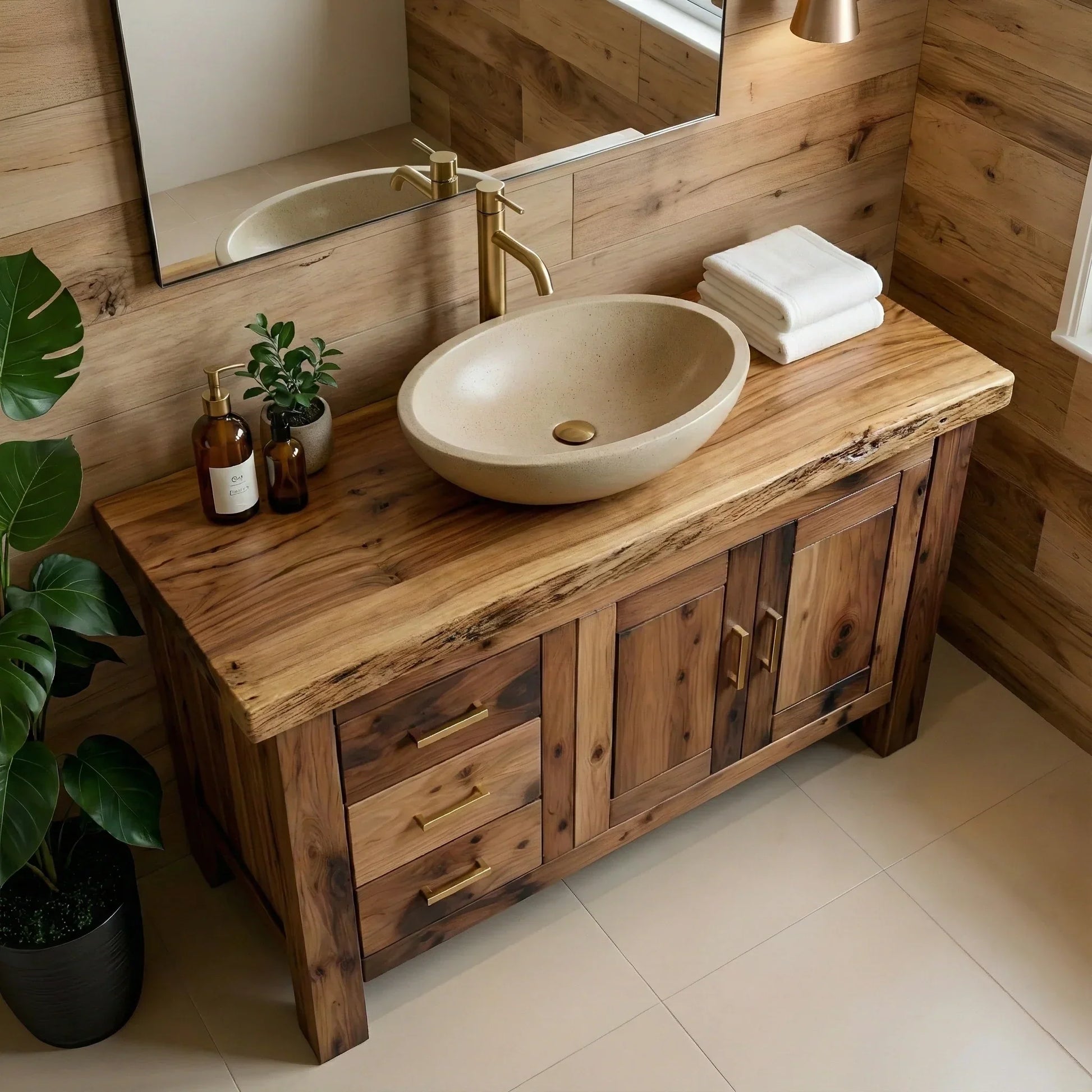 Natural Solid Wood Bathroom Vanity with Drawers & Cabinet — Handcrafted Wabi Sabi Design - Rustirawood