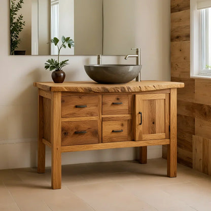 Natural Solid Wood Bathroom Vanity with Drawers & Cabinet — Handcrafted Wabi Sabi Design - Rustirawood
