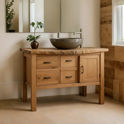 Natural Solid Wood Bathroom Vanity with Drawers & Cabinet — Handcrafted Wabi Sabi Design - Rustirawood