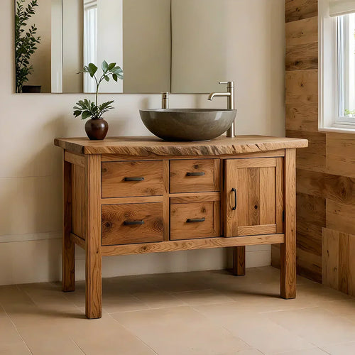 Natural Solid Wood Bathroom Vanity with Drawers & Cabinet — Handcrafted Wabi Sabi Design - Woodenecho