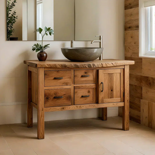 Natural Solid Wood Bathroom Vanity with Drawers & Cabinet — Handcrafted Wabi Sabi Design - Woodenecho