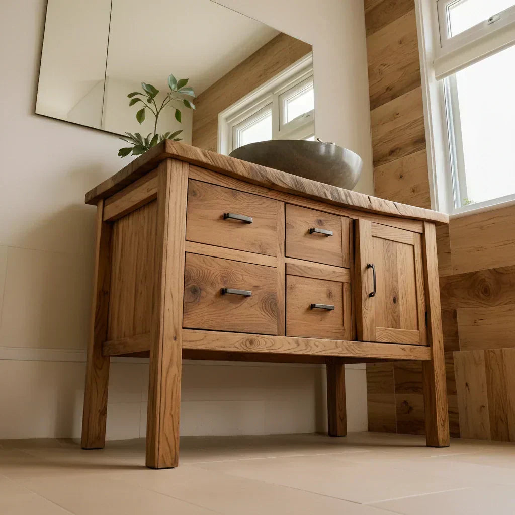 Natural Solid Wood Bathroom Vanity with Drawers & Cabinet — Handcrafted Wabi Sabi Design - Woodenecho