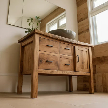 Natural Solid Wood Bathroom Vanity with Drawers & Cabinet — Handcrafted Wabi Sabi Design - Woodenecho
