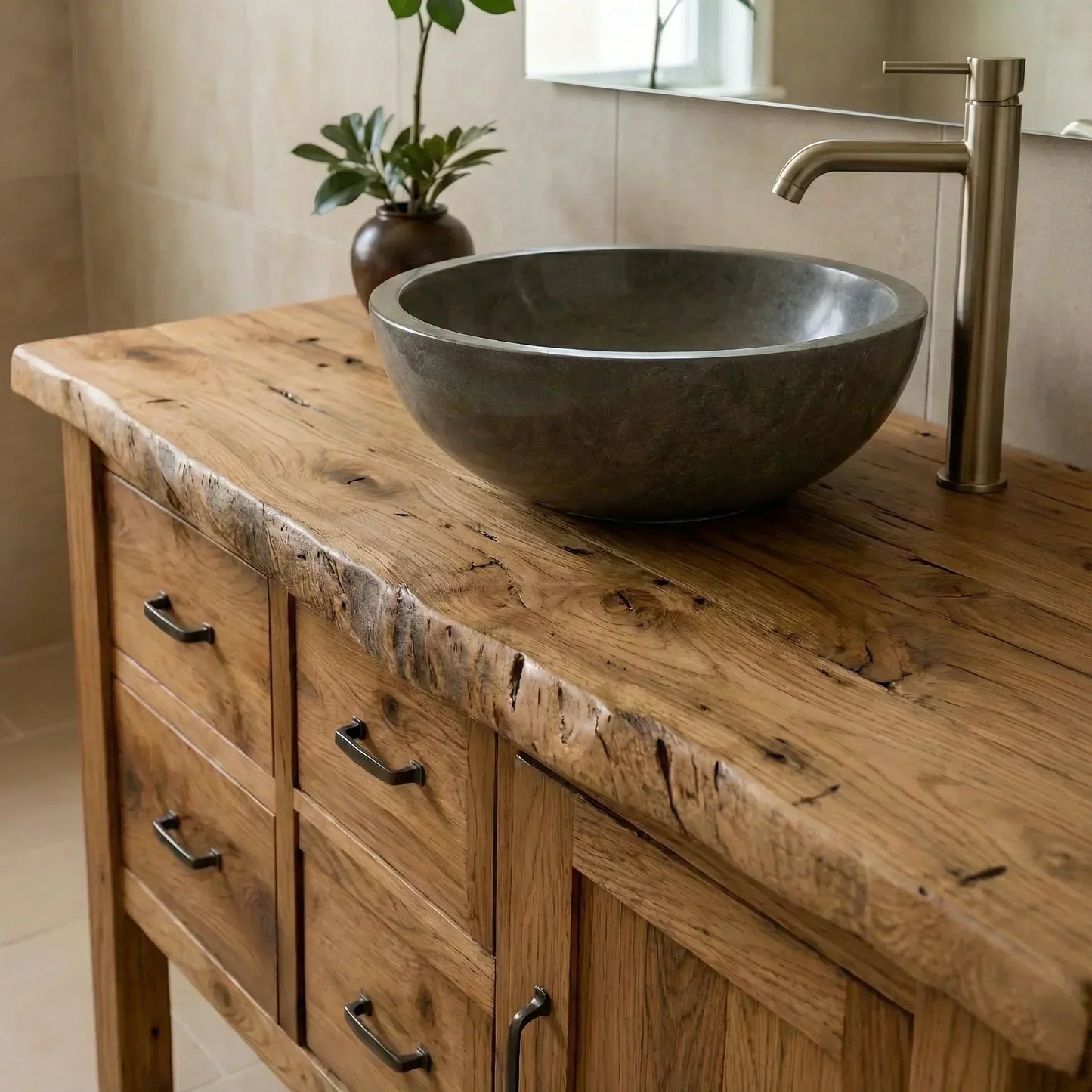 Natural Solid Wood Bathroom Vanity with Drawers & Cabinet — Handcrafted Wabi Sabi Design - Woodenecho