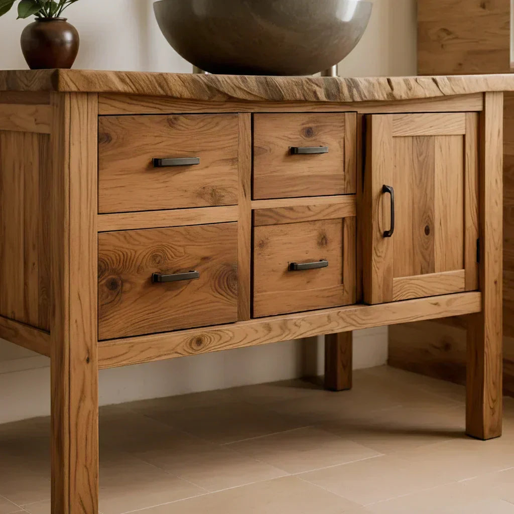 Natural Solid Wood Bathroom Vanity with Drawers & Cabinet — Handcrafted Wabi Sabi Design - Woodenecho