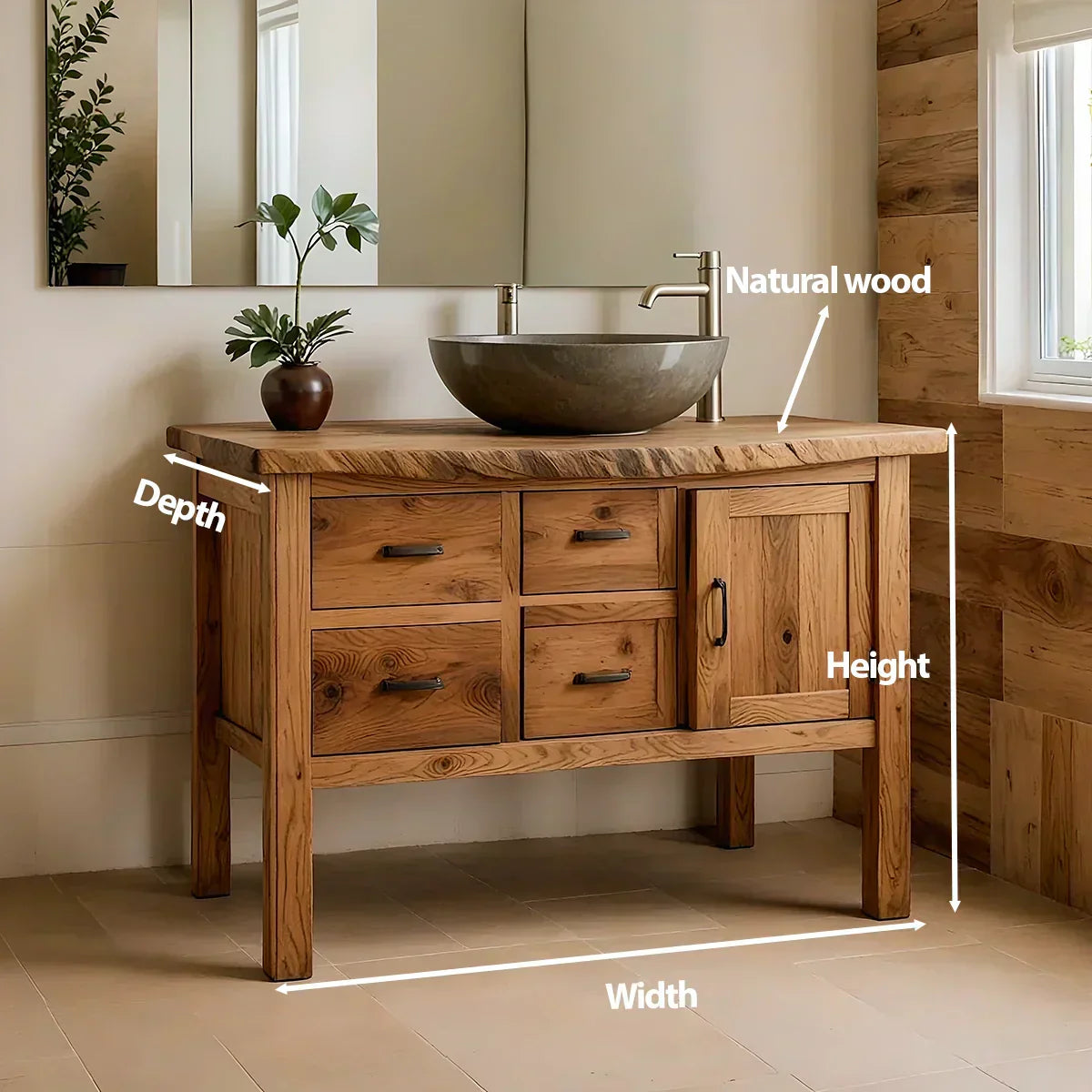 Natural Solid Wood Bathroom Vanity with Drawers & Cabinet — Handcrafted Wabi Sabi Design - Woodenecho