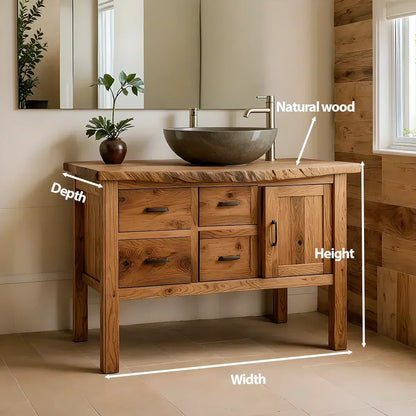 Natural Solid Wood Bathroom Vanity with Drawers & Cabinet — Handcrafted Wabi Sabi Design - Woodenecho