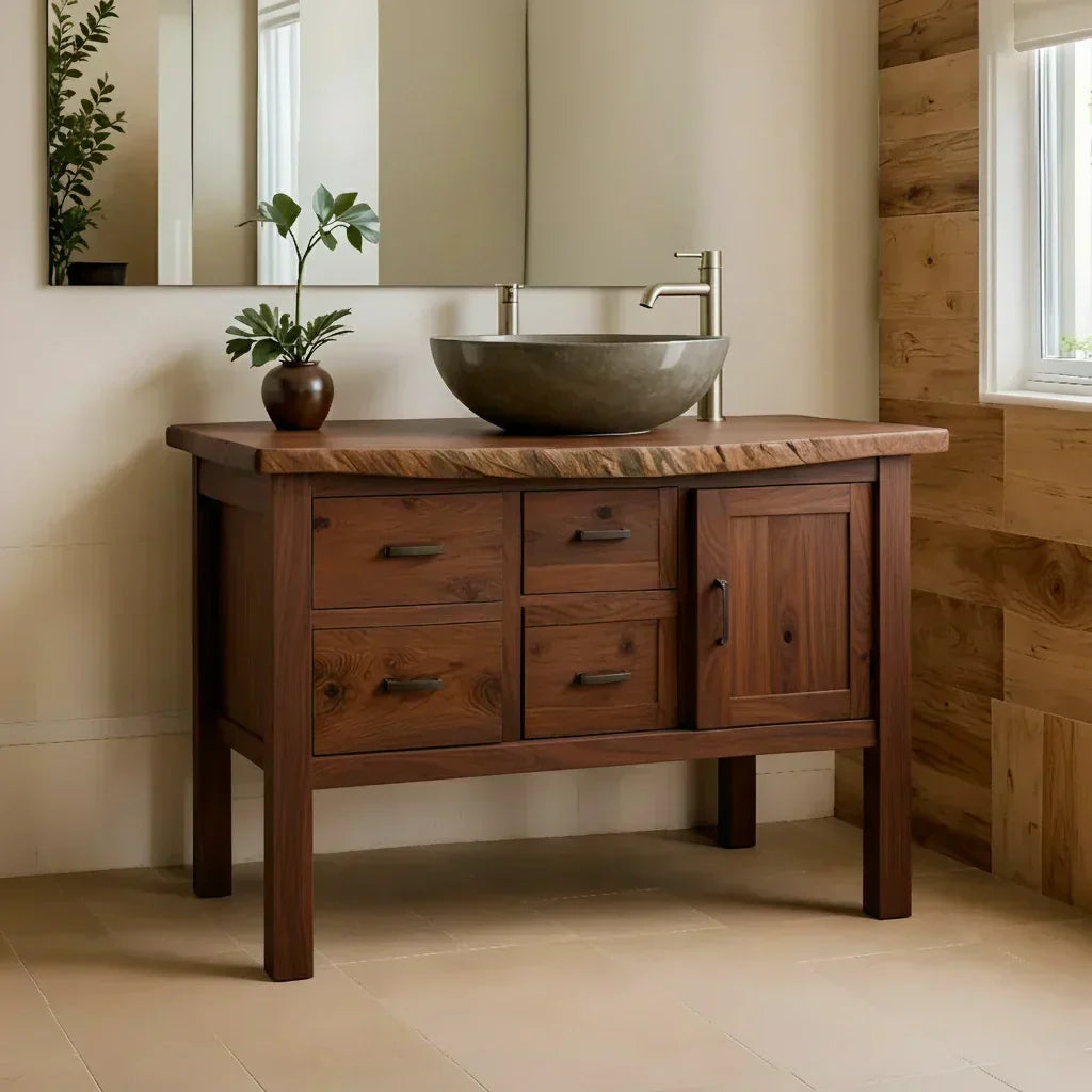 Natural Solid Wood Bathroom Vanity with Drawers & Cabinet — Handcrafted Wabi Sabi Design - Woodenecho