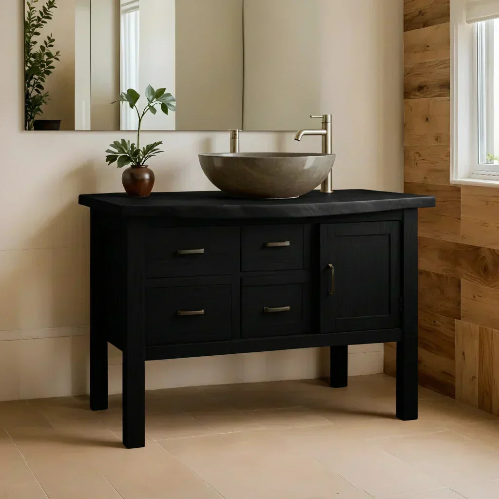 Natural Solid Wood Bathroom Vanity with Drawers & Cabinet — Handcrafted Wabi Sabi Design - Woodenecho