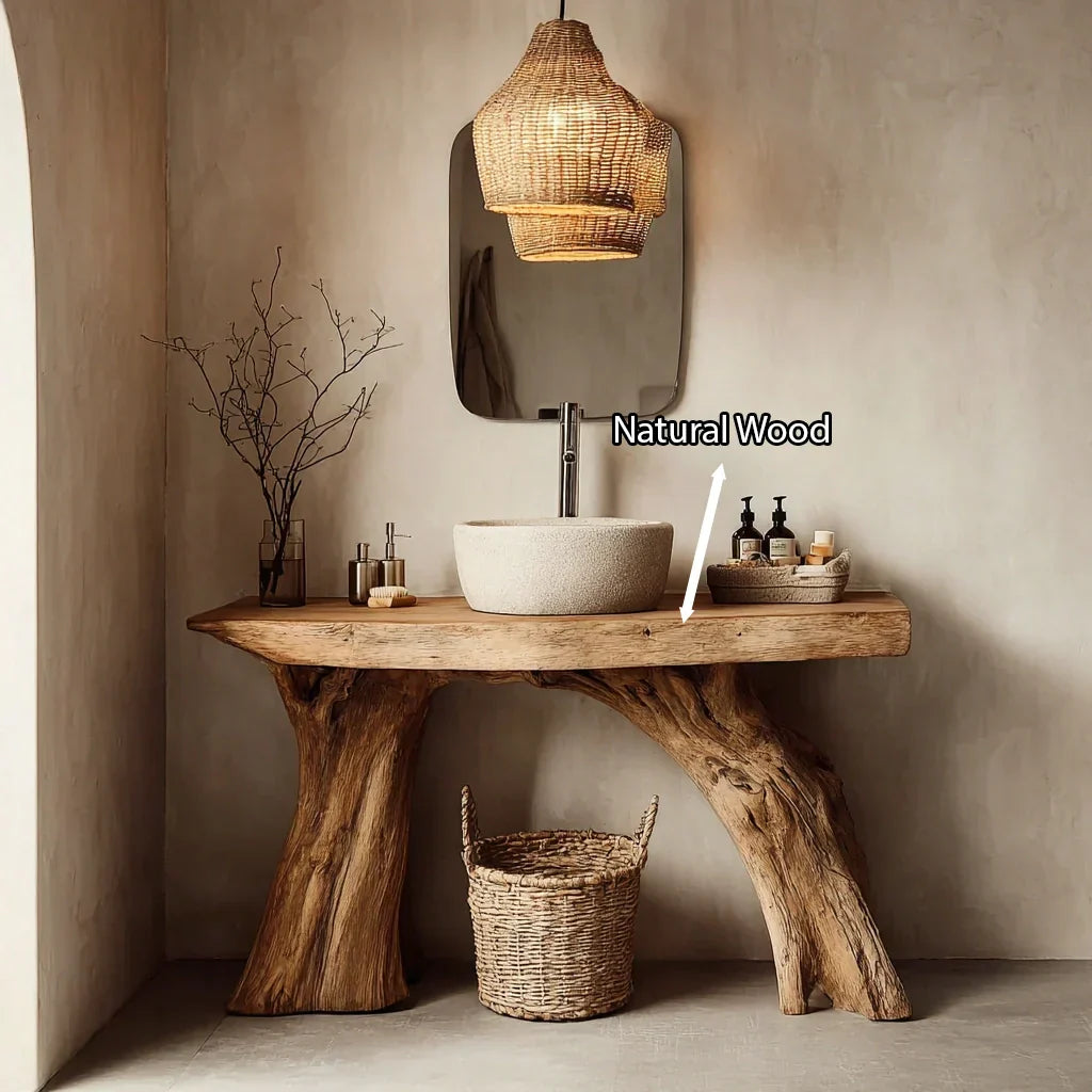 Natural Solid Wood Bathroom Vanity with Sculpted Root Base - Rustirawood
