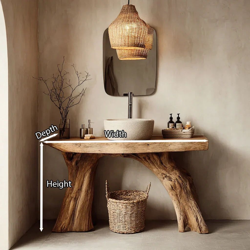 Natural Solid Wood Bathroom Vanity with Sculpted Root Base - Rustirawood