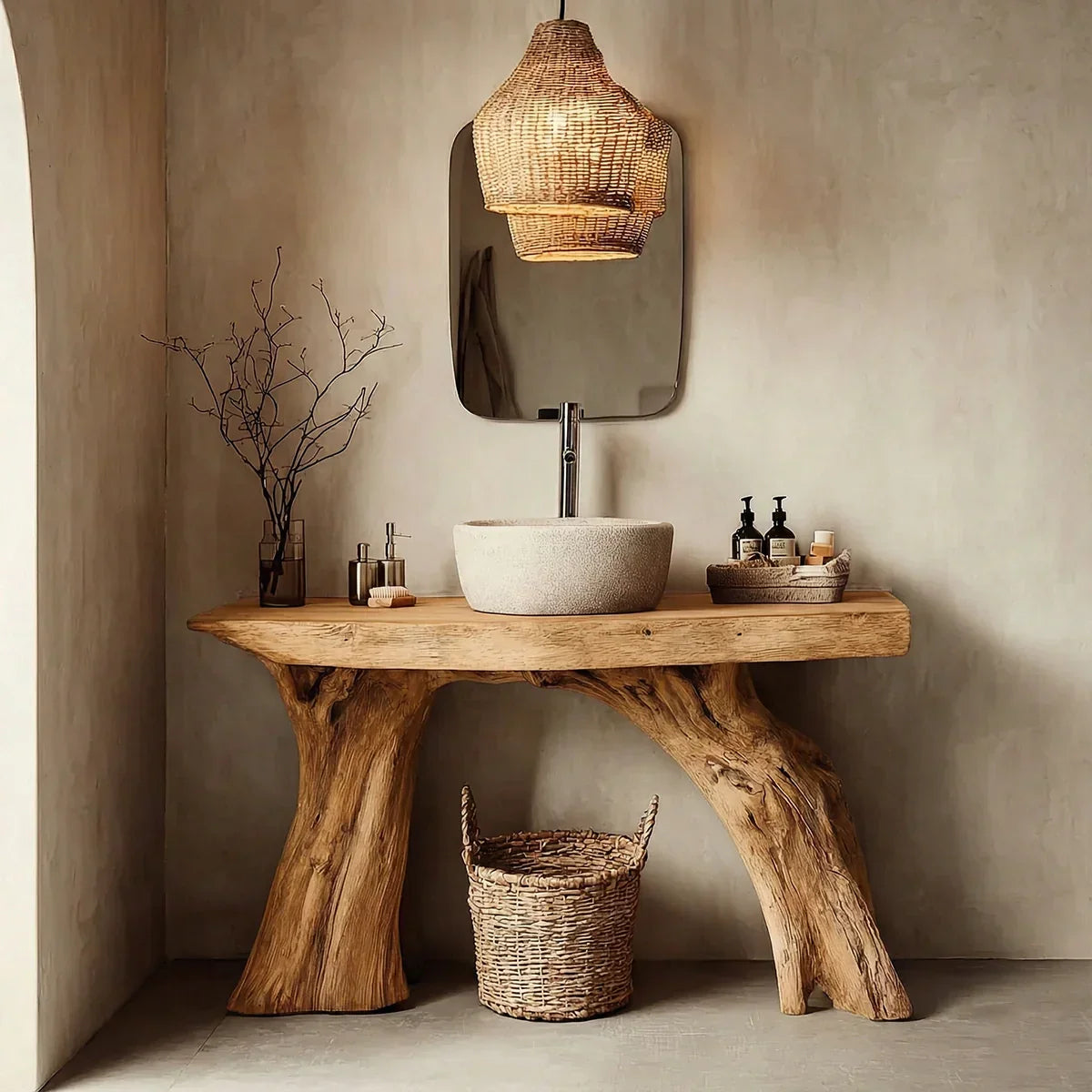 Natural Solid Wood Bathroom Vanity with Sculpted Root Base - Rustirawood