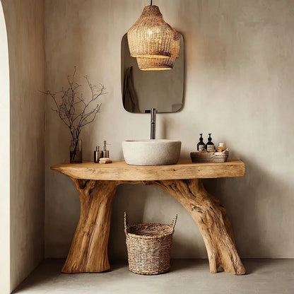 Natural Solid Wood Bathroom Vanity with Sculpted Root Base - Rustirawood