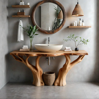 Natural Solid Wood Bathroom Vanity with Tree-Form Base - Rustirawood