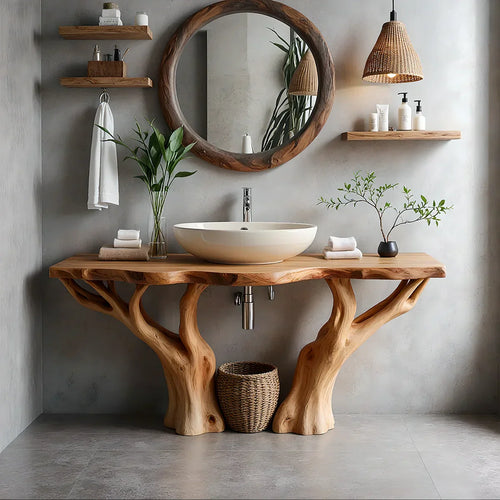 Natural Solid Wood Bathroom Vanity with Tree-Form Base - Rustirawood