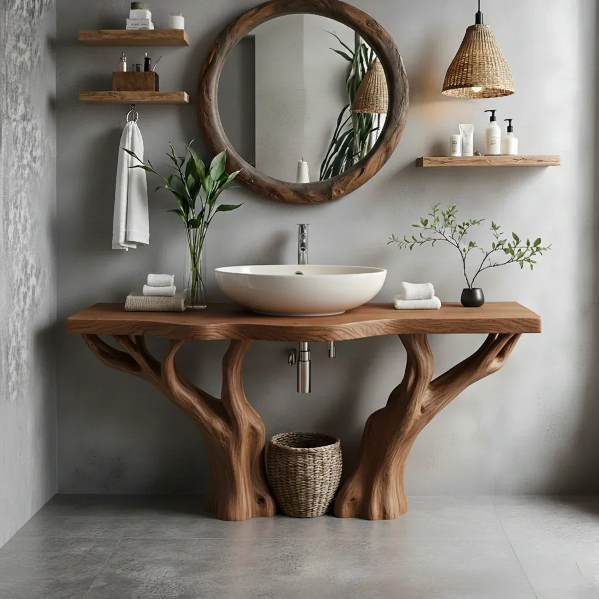 Natural Solid Wood Bathroom Vanity with Tree-Form Base - Rustirawood