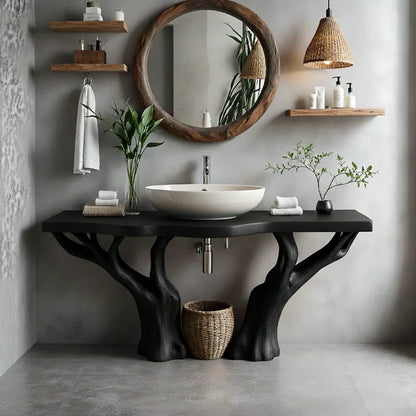 Natural Solid Wood Bathroom Vanity with Tree-Form Base - Rustirawood