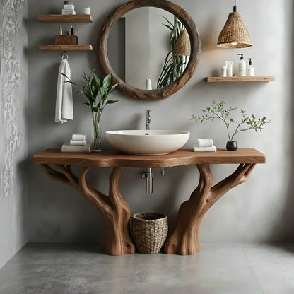 Natural Solid Wood Bathroom Vanity with Tree-Form Base - Woodenecho