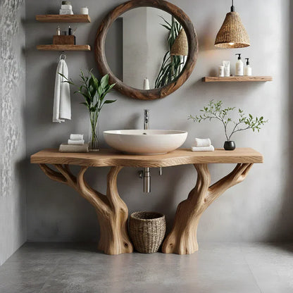 Natural Solid Wood Bathroom Vanity with Tree-Form Base - Woodenecho