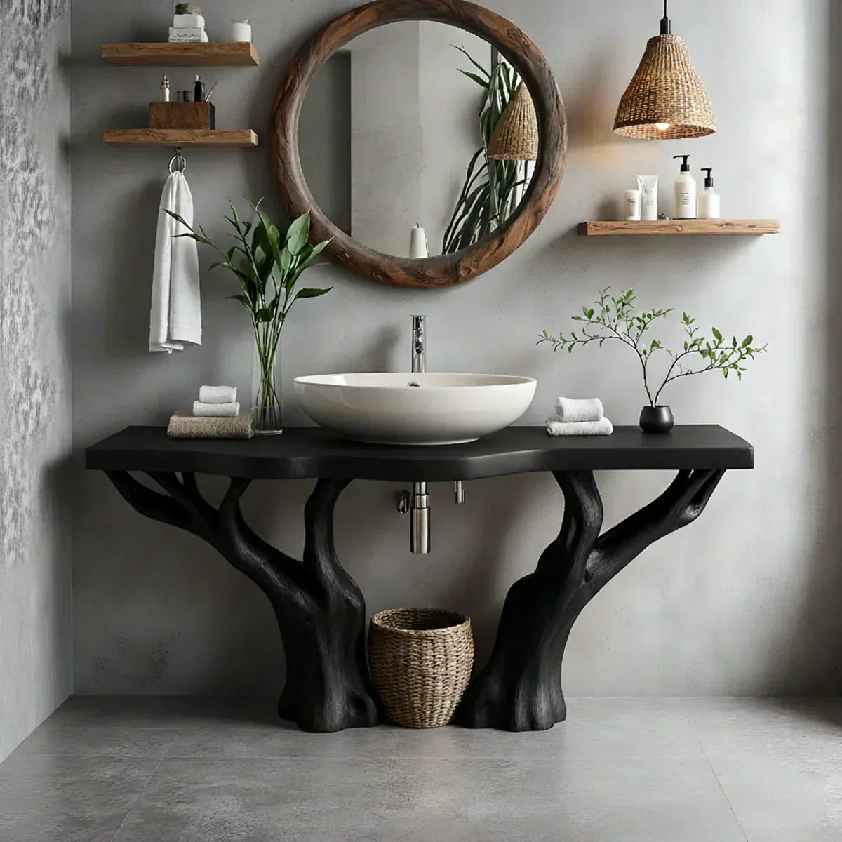 Natural Solid Wood Bathroom Vanity with Tree-Form Base - Woodenecho