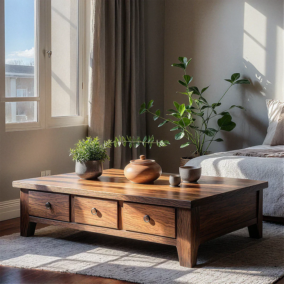 Natural Solid Wood Coffee Table with Drawers – Walnut Finish Japandi Low Storage Table - Rustirawood