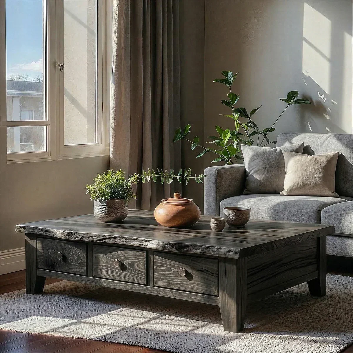 Natural Solid Wood Coffee Table with Drawers – Walnut Finish Japandi Low Storage Table - Rustirawood