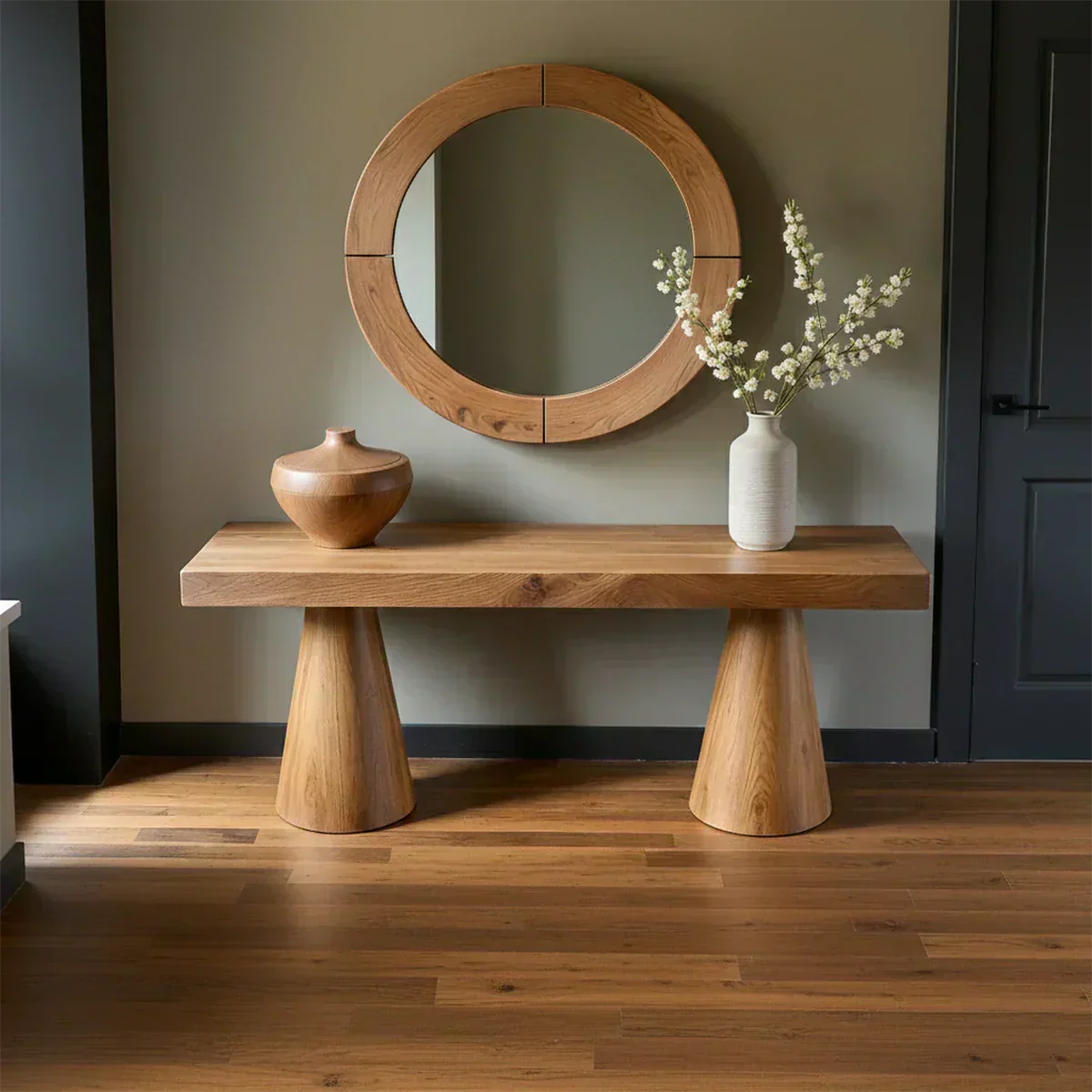 Natural Solid Wood Console with Tapered Sculptural Bases – Modern Japandi - Woodenecho