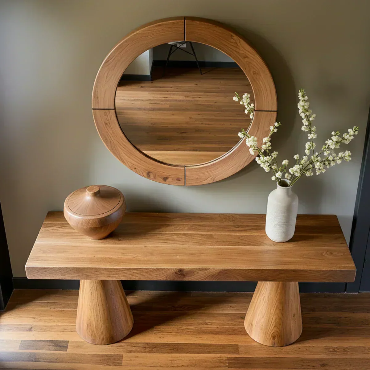 Natural Solid Wood Console with Tapered Sculptural Bases – Modern Japandi - Woodenecho