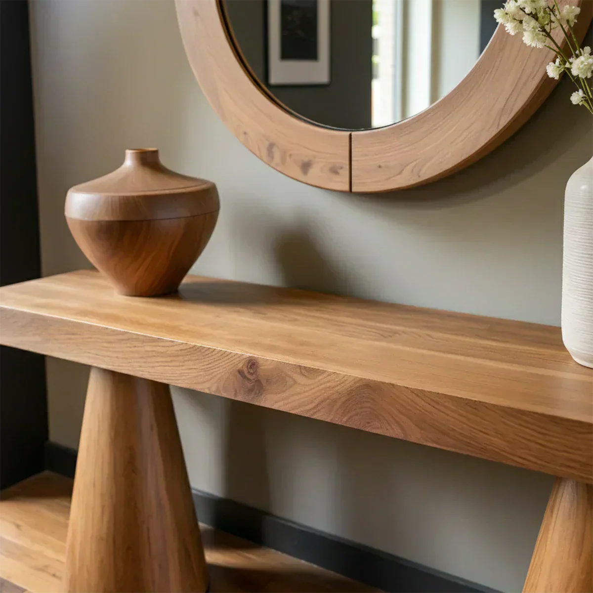 Natural Solid Wood Console with Tapered Sculptural Bases – Modern Japandi - Woodenecho