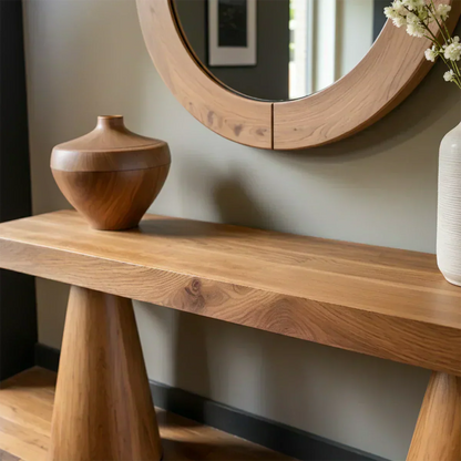 Natural Solid Wood Console with Tapered Sculptural Bases – Modern Japandi - Woodenecho