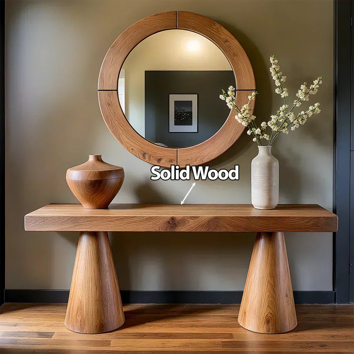 Natural Solid Wood Console with Tapered Sculptural Bases – Modern Japandi - Woodenecho