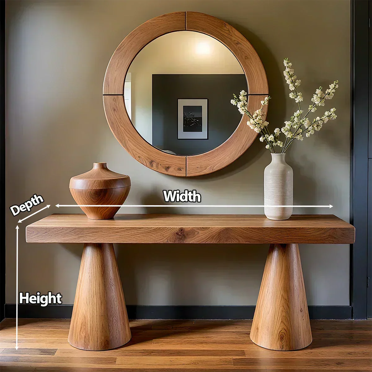 Natural Solid Wood Console with Tapered Sculptural Bases – Modern Japandi - Woodenecho