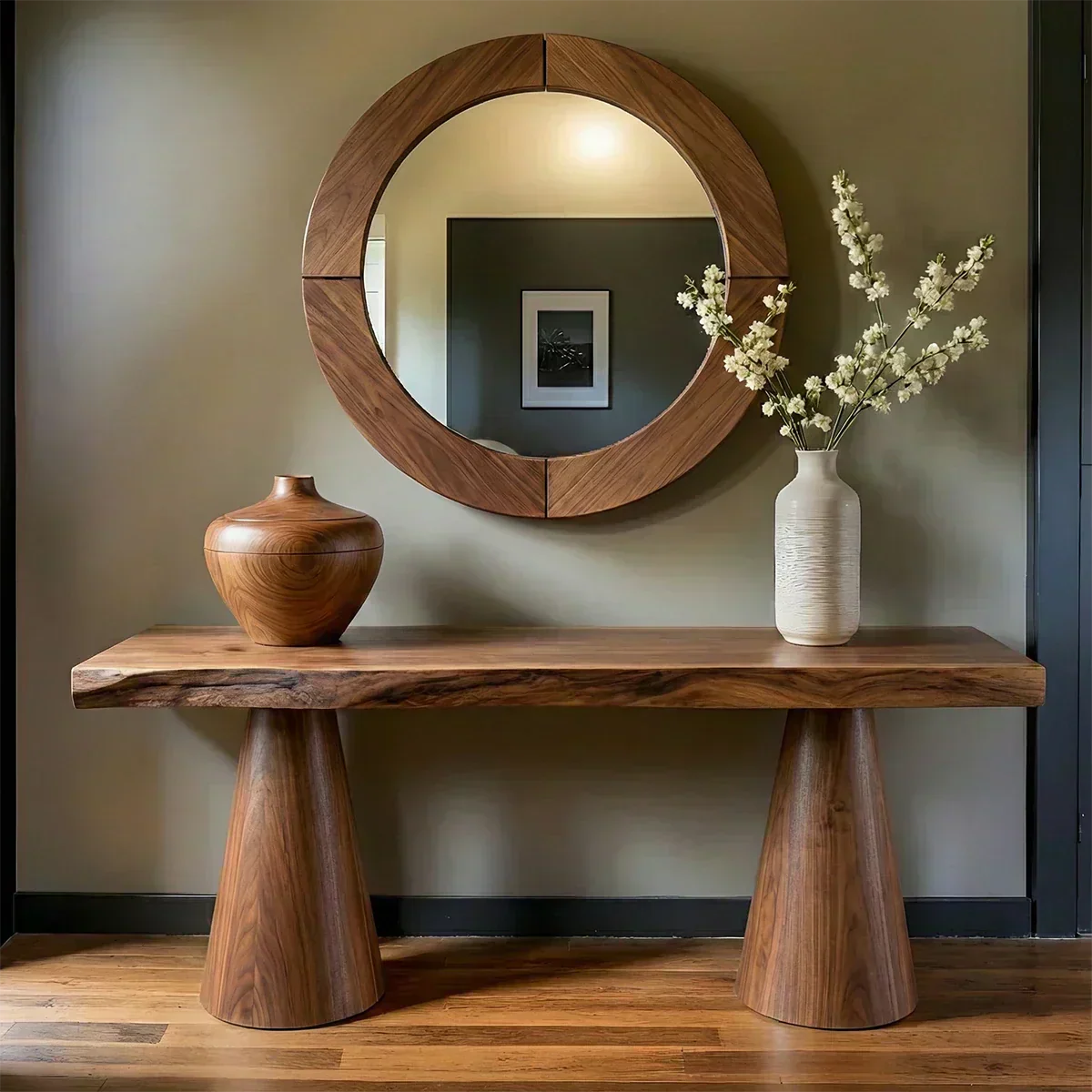 Natural Solid Wood Console with Tapered Sculptural Bases – Modern Japandi - Woodenecho