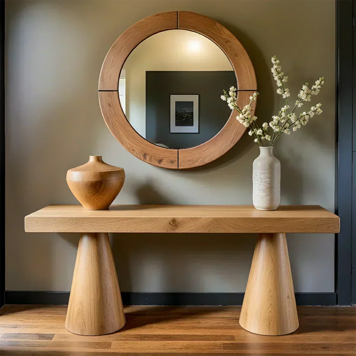 Natural Solid Wood Console with Tapered Sculptural Bases – Modern Japandi - Woodenecho