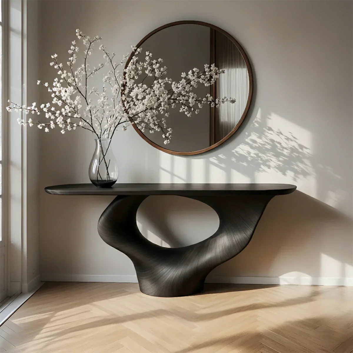 Natural Solid Wood Curved Sculptural Console – Japandi Modern Elegance - Rustirawood