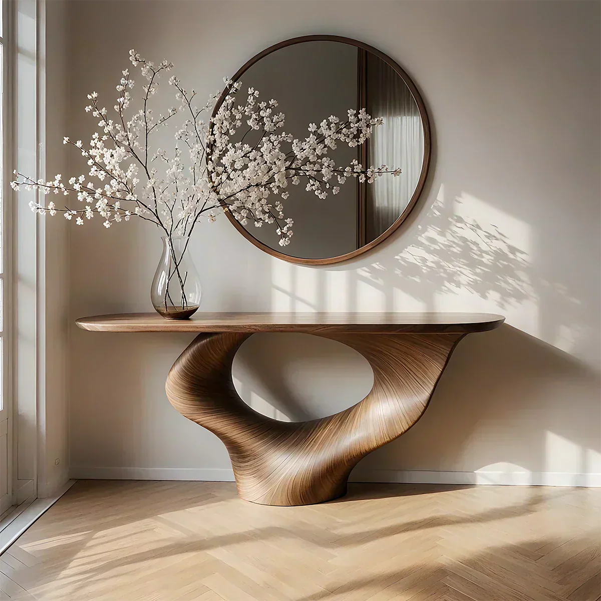 Natural Solid Wood Curved Sculptural Console – Japandi Modern Elegance - Woodenecho