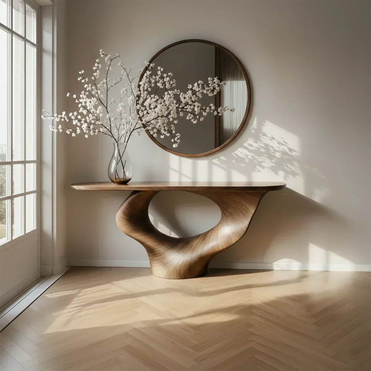 Natural Solid Wood Curved Sculptural Console – Japandi Modern Elegance - Woodenecho