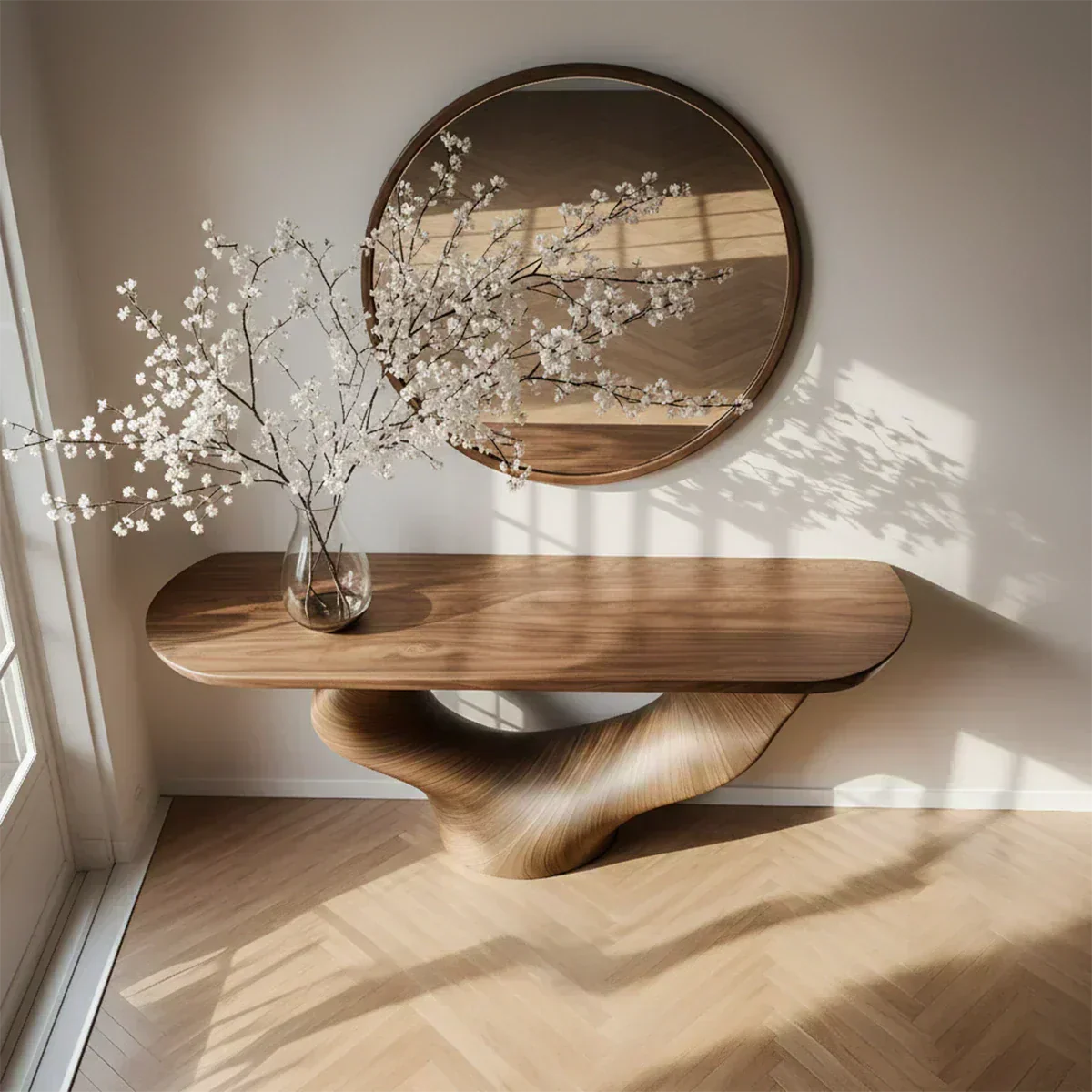 Natural Solid Wood Curved Sculptural Console – Japandi Modern Elegance - Woodenecho