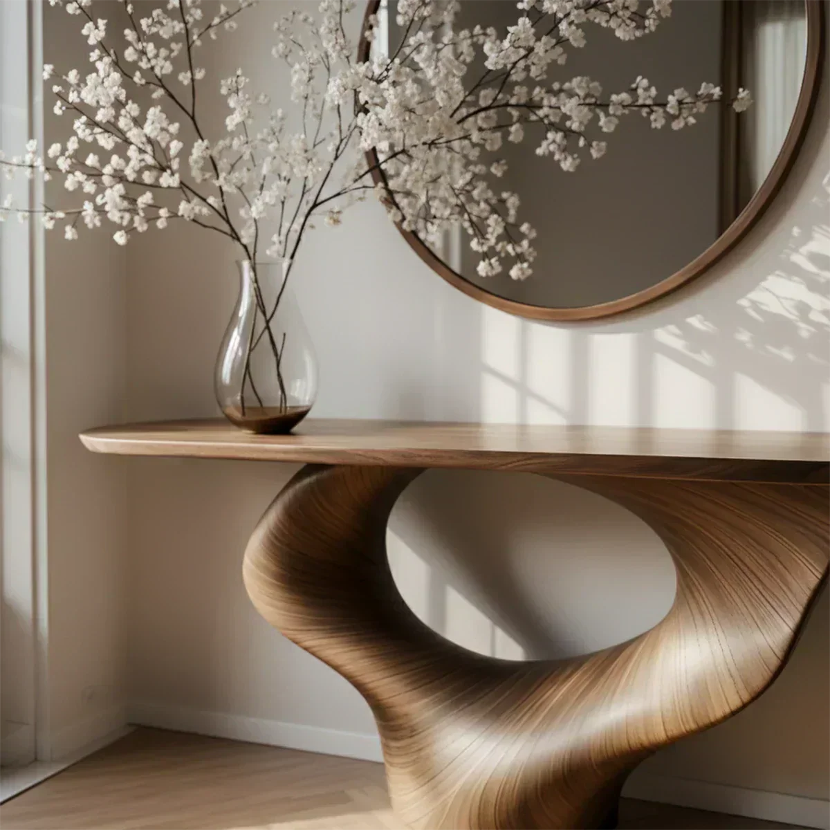 Natural Solid Wood Curved Sculptural Console – Japandi Modern Elegance - Woodenecho