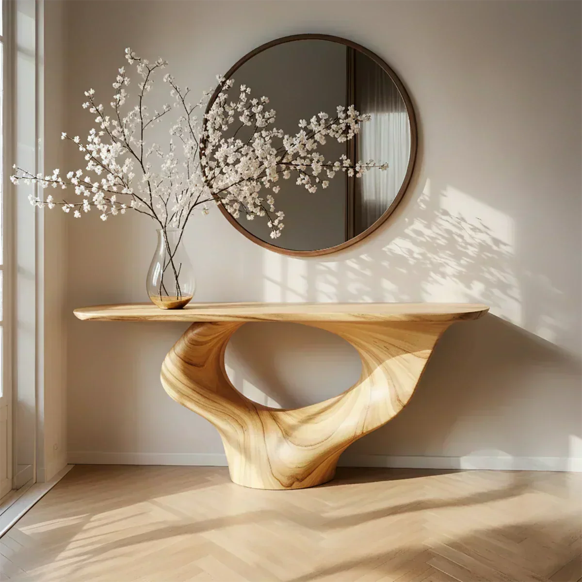 Natural Solid Wood Curved Sculptural Console – Japandi Modern Elegance - Woodenecho