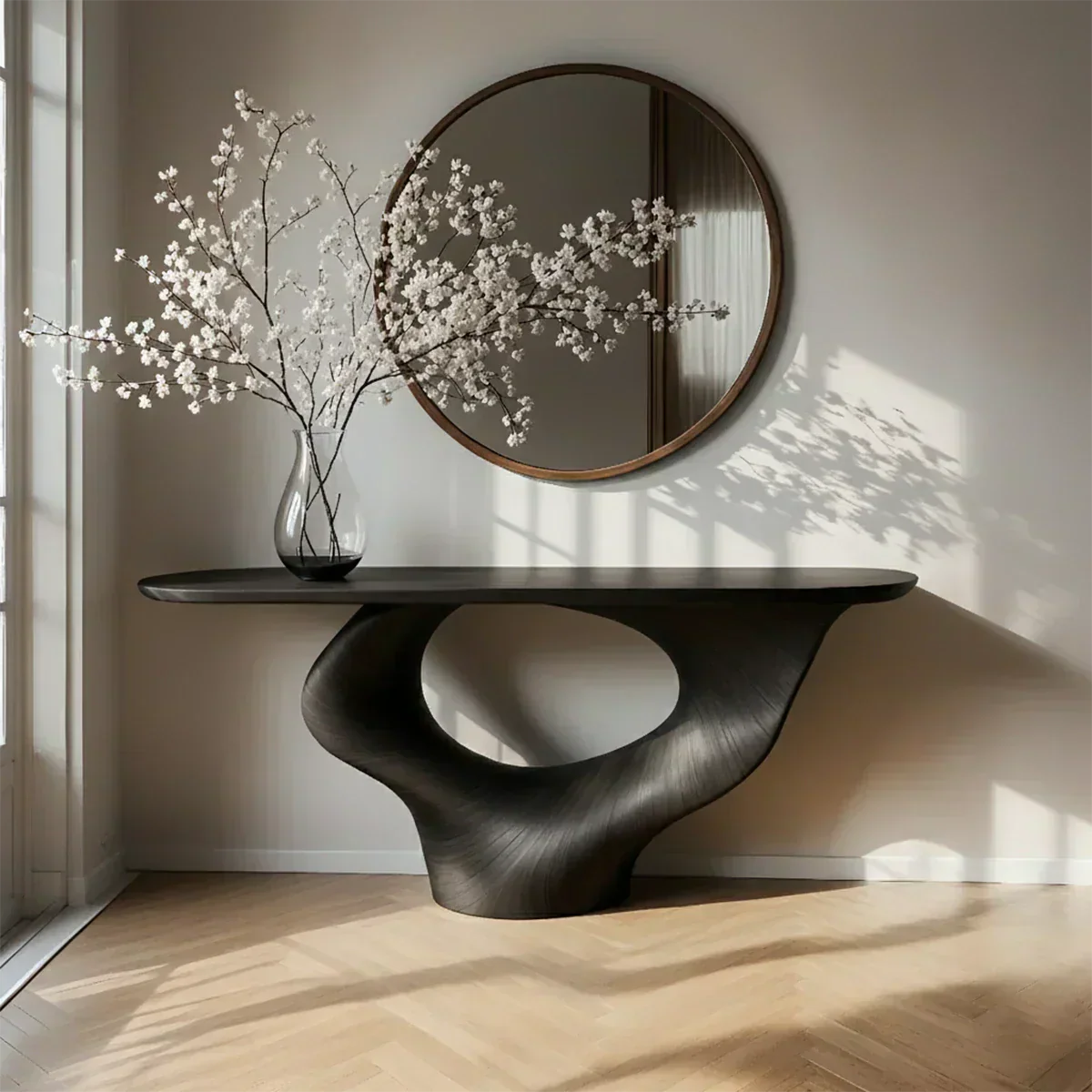 Natural Solid Wood Curved Sculptural Console – Japandi Modern Elegance - Woodenecho