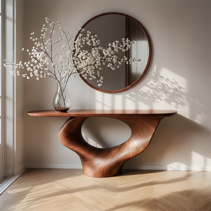 Natural Solid Wood Curved Sculptural Console – Japandi Modern Elegance - Woodenecho