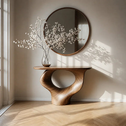 Natural Solid Wood Curved Sculptural Console – Japandi Modern Elegance - Woodenecho