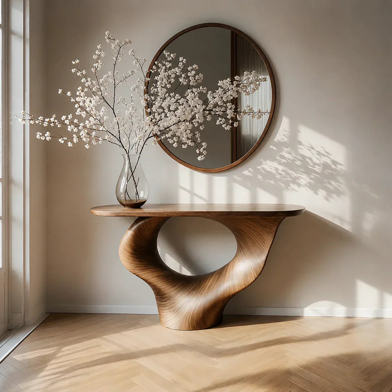 Natural Solid Wood Curved Sculptural Console – Japandi Modern Elegance - Woodenecho