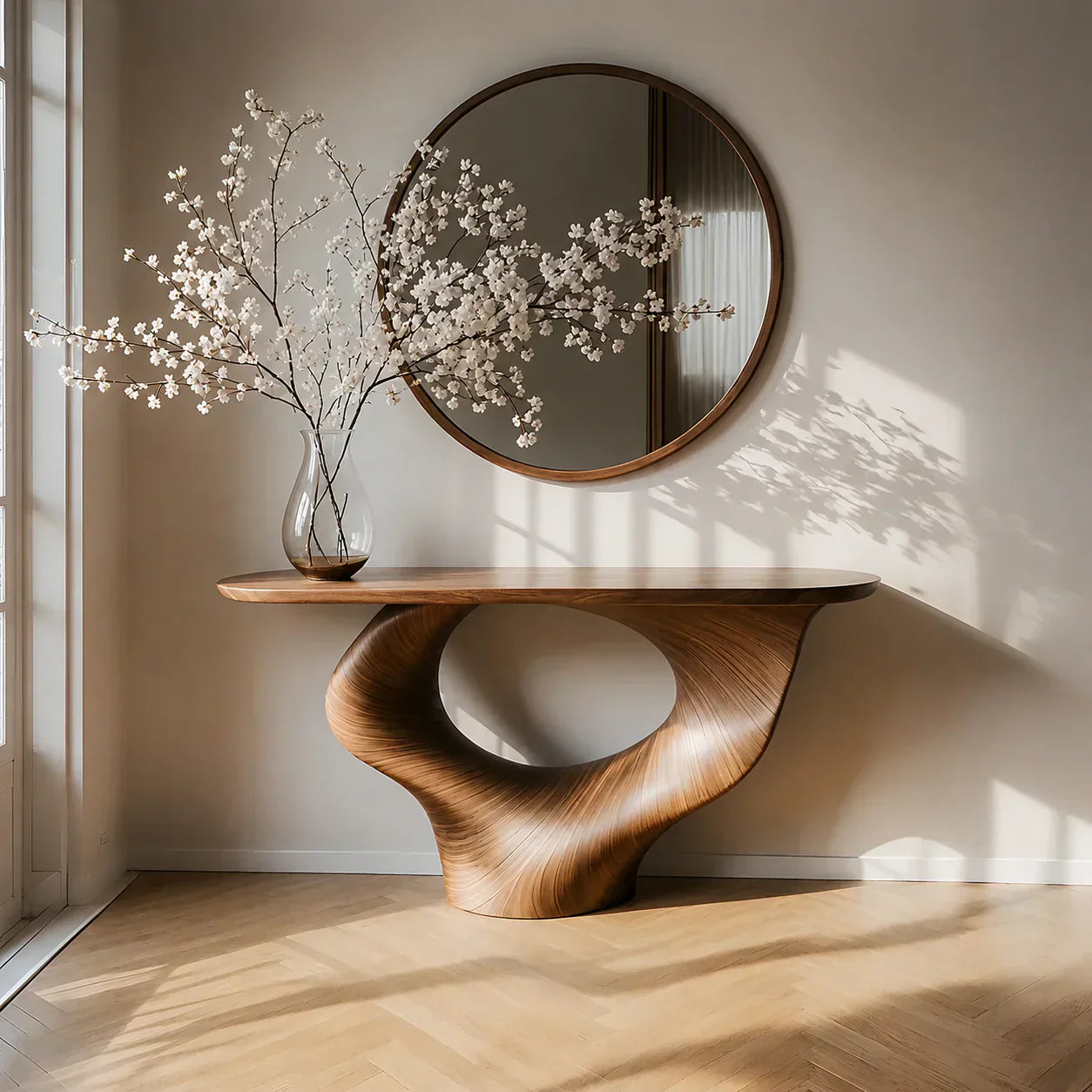 Natural Solid Wood Curved Sculptural Console – Japandi Modern Elegance - Woodenecho