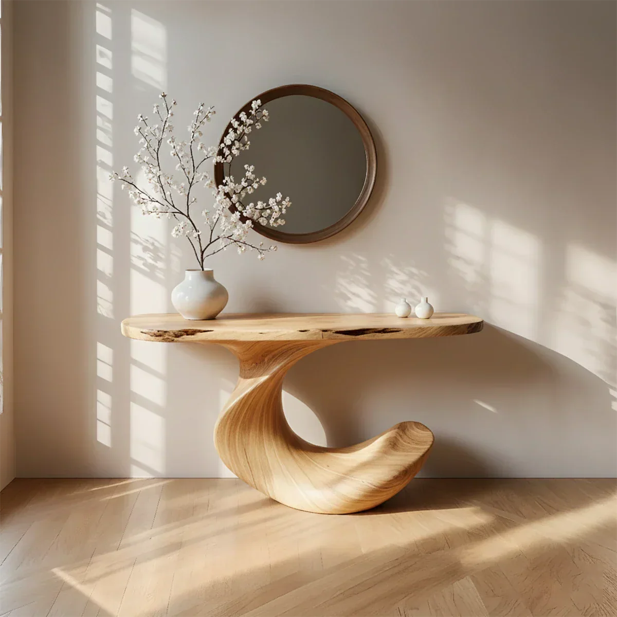 Natural Solid Wood Curved Sculptural Console in Modern Flow Design - Rustirawood